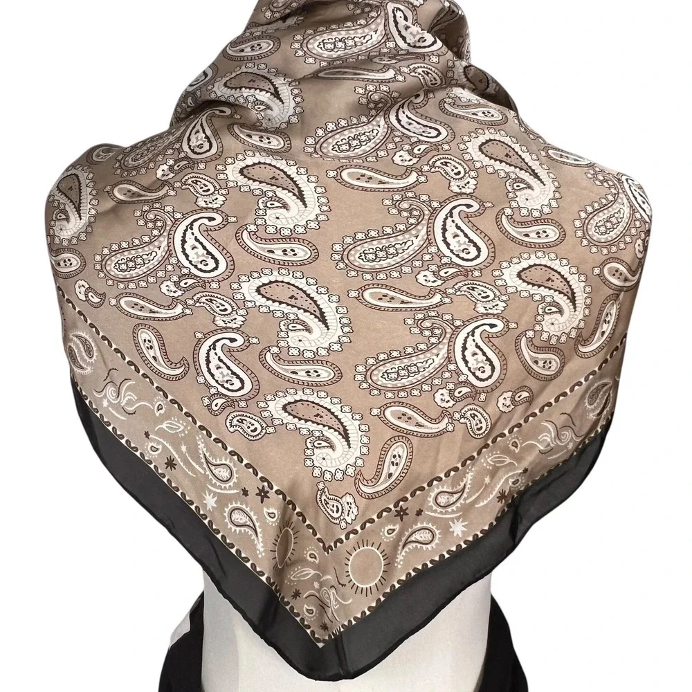 Paisley Silk Feeling Polyester Scarf Beige Cream Brown Border Pocket Square Hair